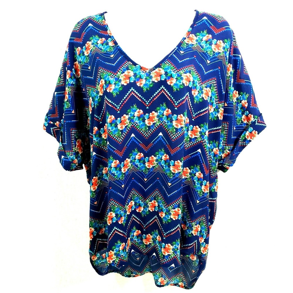 Wishful Park Women Medium Blouse Blue Floral Zig Zag Striped V-Neck Short Sleeve